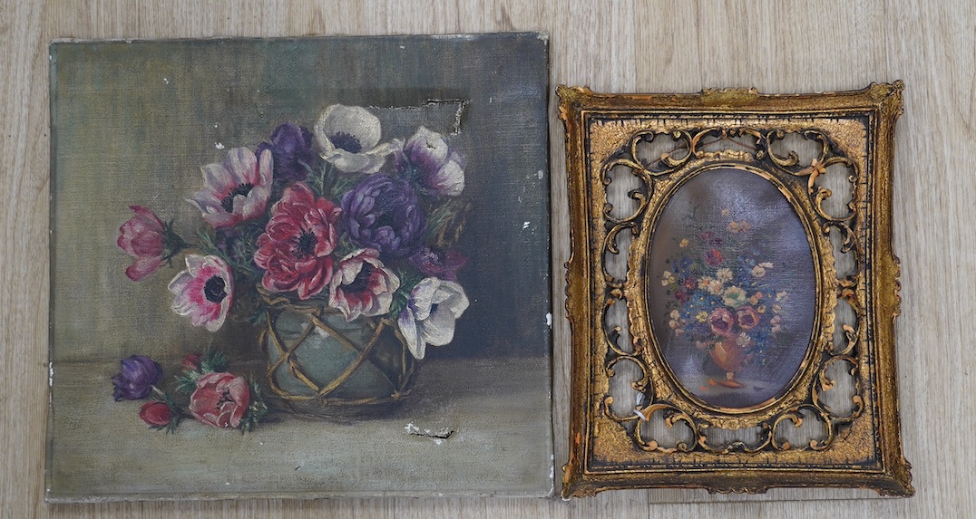 Early 19th century, two oils on canvas, Still lifes of flowers, largest 33 x 36cm, one ornately gilt framed. Condition - poor